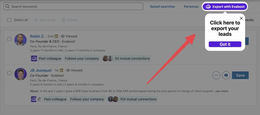 Graphic from Evaboot website showing how to export leads from Sales Navigator
